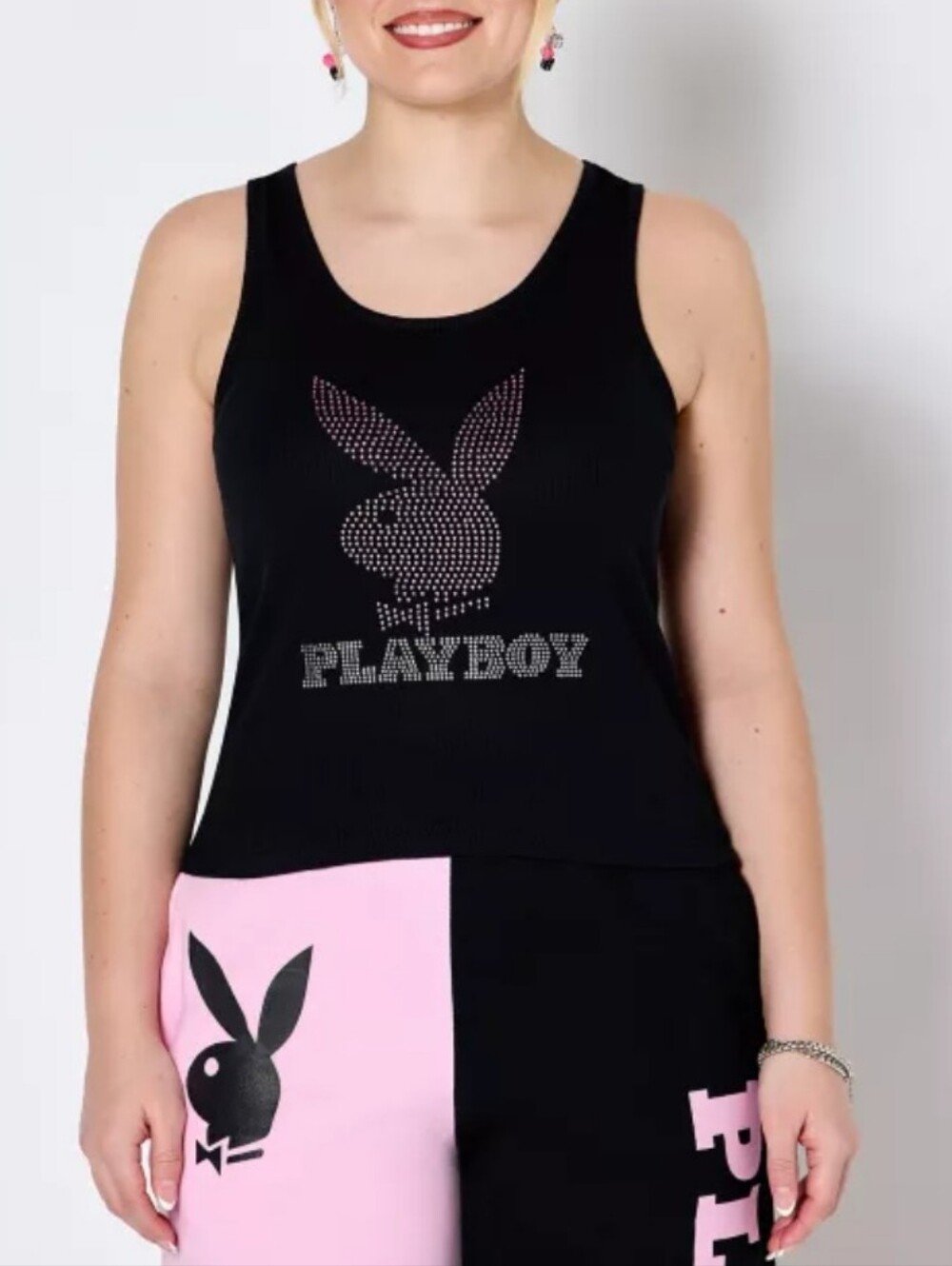 PLAYBOY Rhinestone Logo Bunny Ribbed Tank Top- Black - Picture 2 of 6